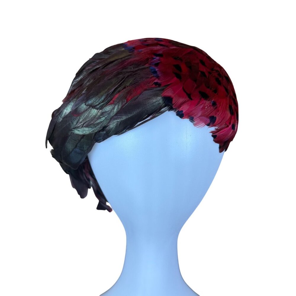 Feathered Womens Red Fascinator Hat With Iridescent Green Accents Elegant Vintag